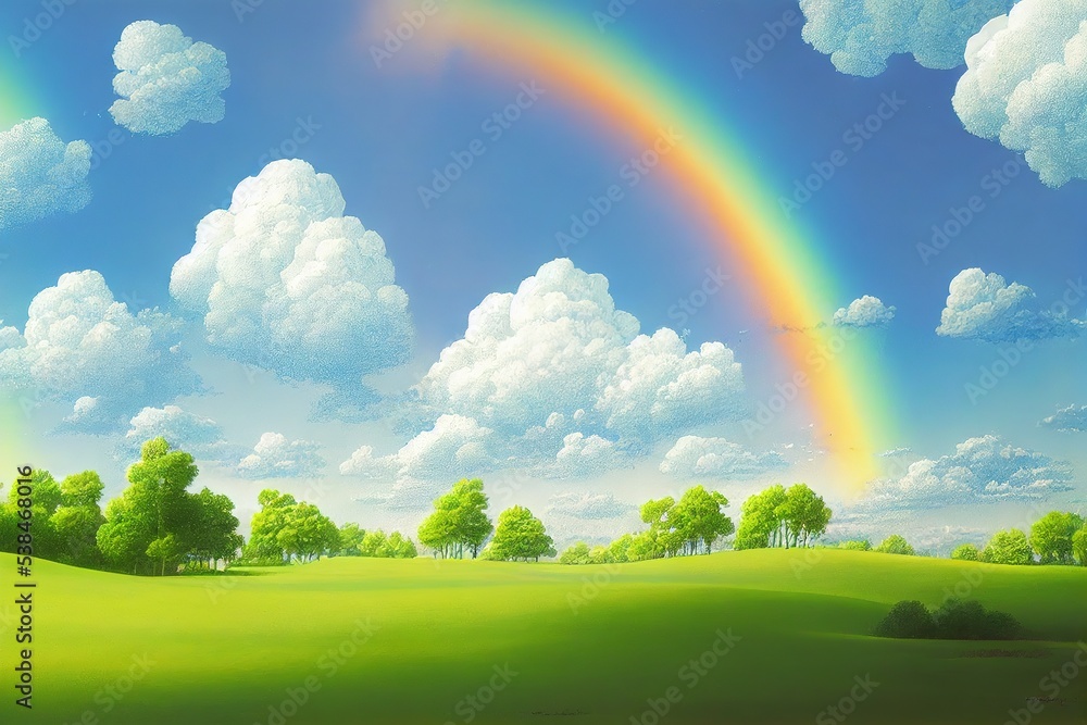 Park landscape scene with rainbow in the sky Stock Illustration | Adobe ...