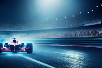 Wall Mural - Racer on a racing car passes the track. Motor sports competitive team racing. Motion blur background. 3d render