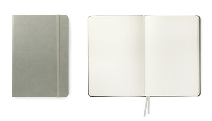 Open and closed notebooks on white background, top view. Banner design