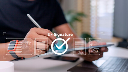 Online business contract Electronic signature, e-signing, digital document management, paperless office, signing business contract concept.