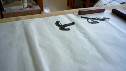 Wall Mural - an old calligrapher is writing calligraphy characters, creating calligraphy works. translation: the 