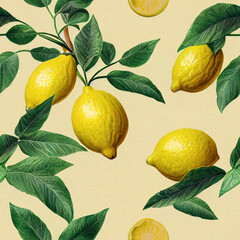 Fresh yellow fruits of lemon, lime, with green leaves. Seamless citrus texture on a white background.  Vintage botanical 3d illustration.