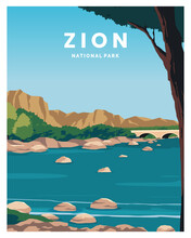 Landscape Zion National Park. Travel To Utah. Vector Illustration With Minimalist Style.