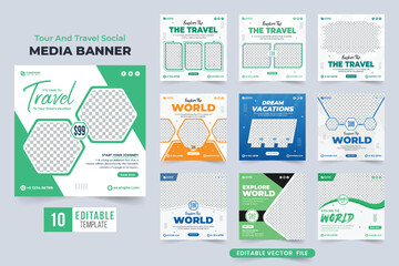 Wall Mural - Tour and travel social media post collection vector with blue and green colors. Family vacation planner template set design with abstract shapes. Travel agency web banner bundle for business marketing