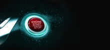 The Electric Car Engine Start Stop Button Is Illuminated By A Blue Light , Panoramic Banner With Copy Space On Black Background