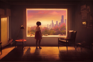 Wall Mural - Girl looking at the city from window