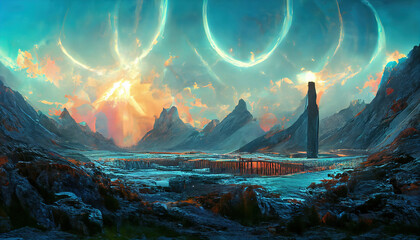 Wall Mural - alien tech relic. outer space world. fantasy theme sci-fi futurism masterpiece landscape view. vivid