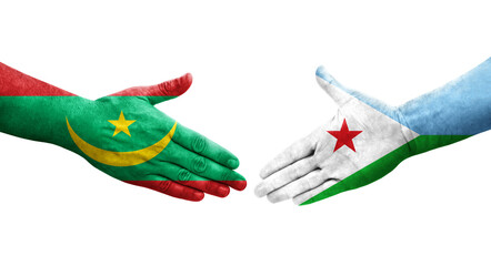 Handshake between Djibouti and Mauritania flags painted on hands, isolated transparent image.