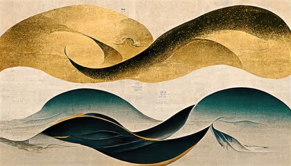 Gold waves, folding screen, traditional wave painting with green accents, white background, Katsushika Hokusai style like Ukiyoe, several wave patterns in Japanese style, abstract, retro and elegant