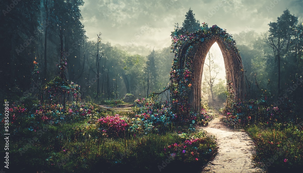 Spectacular archway covered with vine in the middle of fantasy fairy ...