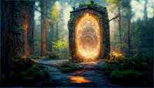 Spectacular Fantasy Scene With A Portal Archway Covered In Creepers. In The Fantasy World, Ancient Magical Stone Gate Show Another Dimension. Digital Art 3D Illustration.