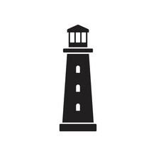 Eps10 Black Vector Lighthouse Tower Building Icon Isolated On White Background. Searchlight Island Beach Coast Symbol In A Simple Flat Trendy Modern Style For Your Website Design, Logo, And Mobile
