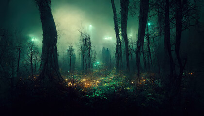 Dark scary forest cursed by witch spell spectacular 3D illustration for ghost and halloween black magic scene