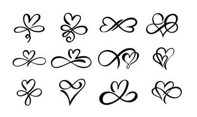 Love hand drawn hearts sign of infinity with cute sketch line. Set of divider doodle element love shape for valentines day, wedding, mother's day or woman's day. Vector isolated on white background.