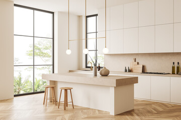 Cozy kitchen interior with bar countertop and chairs, panoramic window