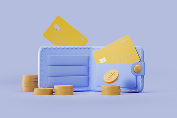 Wall Mural - Wallet with credit cards and coins on blue background