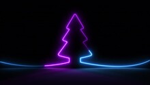 Seamless Loop, Glow Neon Light Christmas Tree Isolated On Black Background.