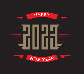 Wall Mural - Happy New Year 2023 - poster with stylized inscription and red lightnings on dark background. T-shirt apparels cool print with inscription.