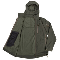 Wall Mural - Waterproof jacket khaki, with fleece lining, on a white background, flat lay, isolate