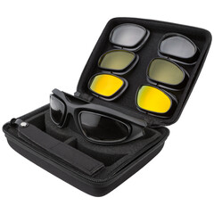 Tactical army goggles in a case, with four pairs of interchangeable glasses, on a white background, isolate