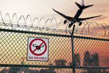 No Drone Zone Sign Near Airport Warning About Restricted No Fly Area.
