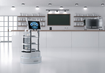 Wall Mural - Automation cafe with robotic assistant or service robot serve food