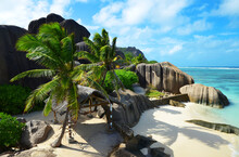 Anse Source D'Argent Beach With Big Granite Rocks In Sunny Day. La Digue Island, Indian Ocean, Seychelles. Tropical Destination.