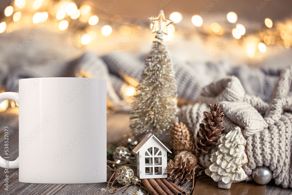 White blank coffee mug Christmas theme mockup. Perfect for businesses  selling mugs, just overlay your quote or design on to the image. Stock  Photo | Adobe Stock