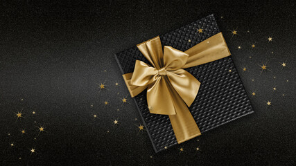 merry christmas or black friday concept, black gift box with shiny golden ribbon bow isolated on sparkle background with stars, greeting card ticket top view, template, banner or label for shopping