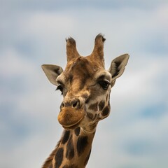 Sticker - Adorable northern giraffe (Giraffa camelopardalis) in closeup against the beautiful sky