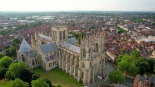 Drone Aerial Footage Of Spinning Around York Minister And The Downtown District Of York City. York Minster Is The Largest Gothic Cathedral In Northern Europe.
