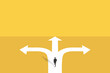 businessman walk in front of a crossroad with road split in three different ways as arrows.