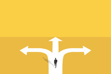 Businessman Walk In Front Of A Crossroad With Road Split In Three Different Ways As Arrows.