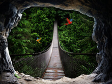 3D Illustration , Stone Cave Background , Forest Background With Long Bridge