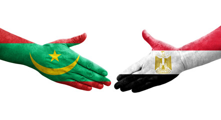 Handshake between Egypt and Mauritania flags painted on hands, isolated transparent image.