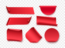 Red Blank Tags, Labels Or Badges Are Isolated On White Background. Different Shape Curved Ribbons