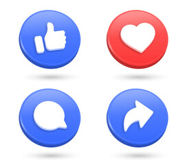Wall Mural - 3d social media notification icons, Like love comment share buttons in 3d modern style, Thumb up and heart icon. like, forward, comment repost icon