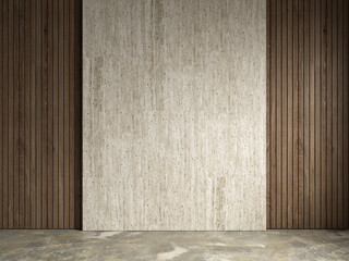 Wall Mural - Blank wall with wood and stone panels. 3d render illustration mockup.