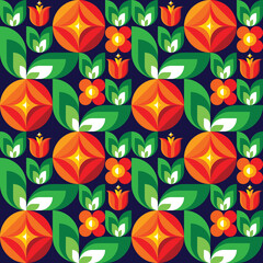 Background flowers, fruits and green leaves nature. Abstract geometric seamless pattern. Decorative ornament in flat design style. Floral backdrop. Organic vegetables product. Vector illustration. 