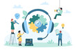 Maintenance and technical support service for customers vector illustration. Cartoon tiny people with key and tools work near big headphones with gear puzzle and clock inside, workers repair system