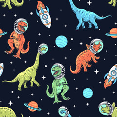 Dinosaurs in space seamless pattern. Hand-drawn vector dinosaur cartoons in space background. 