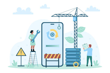 Wall Mural - mobile app design development vector illustration. cartoon tiny people building application interfac