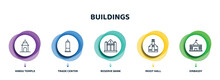 Editable Thin Line Icons With Infographic Template. Infographic For Buildings Concept. Included Hindu Temple, Trade Center, Reserve Bank, Moot Hall, Embassy Icons.