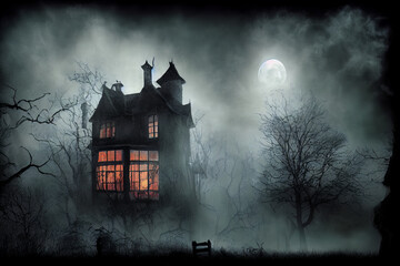 Spooky halloween house with orange and red lights coming from candles inside, fog and mist, full moon and bats, castle in the night