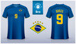 Set of soccer jersey or football kit template design for Brazil national football team. Front and back view soccer uniform. Yellow Football t shirt mock up with flat logo. 