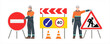 A road worker stands at a Road Works and Stop sign. Road signs. Travel ban. Road repair. Vector illustration