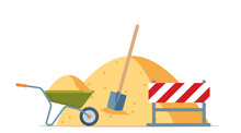 Wheelbarrow, Sand Pile, Shovel. Building Work Process Concept. Construction Equipment. Vector Illustration.