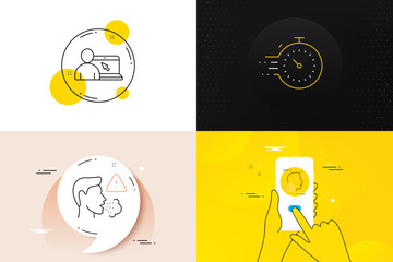 Minimal set of Online education, Unlock system and Cough line icons. Phone screen, Quote banners. Timer icons. For web development. Internet lectures, Access granted, Flu symptom. Vector
