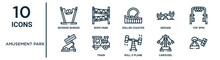 Amusement Park Outline Icon Set Includes Thin Line Reverse Bungee, Roller Coaster, Top Spin, Train, Carousel, , Icons For Report, Presentation, Diagram, Web