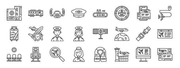 set of 24 outline web airport icons such as , bus, steering, pilot hat, walkway, radar, e ticket vector icons for report, presentation, diagram, web design, mobile app